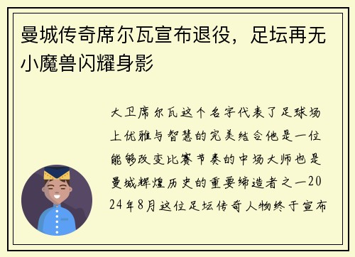 曼城传奇席尔瓦宣布退役，足坛再无小魔兽闪耀身影