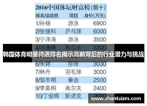 韩国体育明星待遇排名揭示高薪背后的行业潜力与挑战